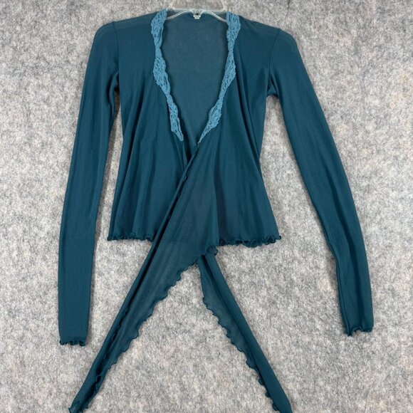 Vintage Y2K Only Hearts Top Lace Trim Blue Wrap Long Sleeve Size P/S - Picture 6 of 11